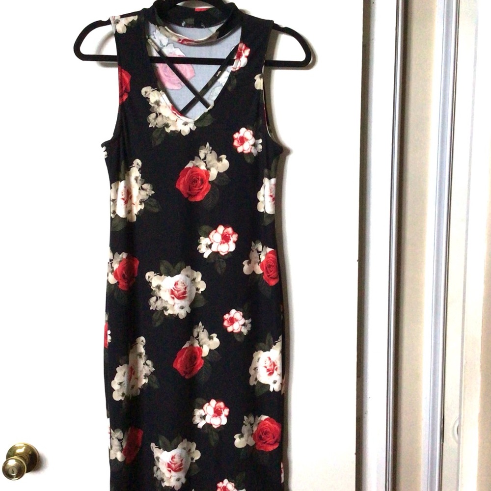 NWOT No Boundaries Sleeveless Flower Theme Print Midi Stretchy Dress, Sz M (5-7)